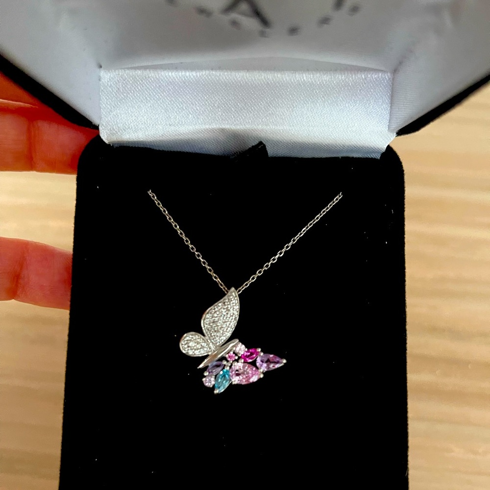 Aquamarine, Amethyst  Diamond Butterfly White Gold  Necklace